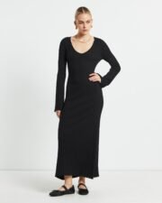 Sophie Long Sleeve Rib Knit Dress Black - Image 4